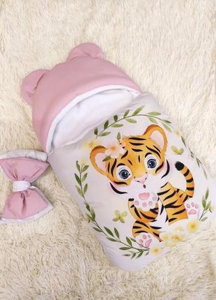 Конверт спальник для новонародженої дівчинки, рожевий принт тигреня