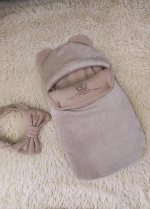 Махровий конверт спальник для новонароджених, бежевий з вишивкою2 фото