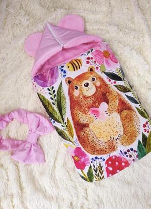 Спальник с капюшоном на молнии для новорожденных девочек, розовый с принтом1 фото
