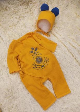 Летний муслиновый конверт + комбинезон с шапочкой для новорожденных, желто-голубой6 фото
