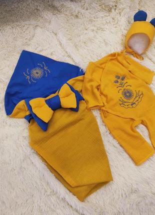 Летний муслиновый конверт + комбинезон с шапочкой для новорожденных, желто-голубой4 фото
