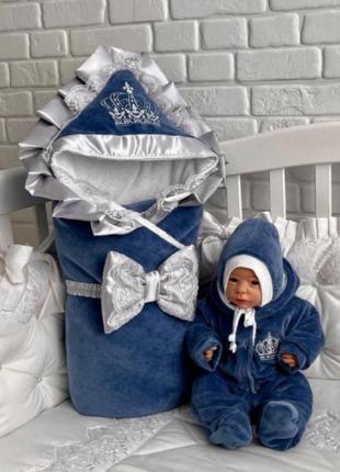 Зимний комплект очарование конверт и комбинезон с шапочкой для новорожденных, синий