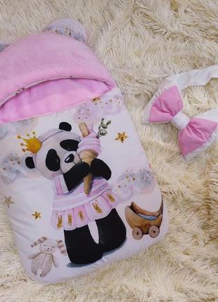 Конверт - спальник для новонароджених дівчаток, принт панда, рожевий