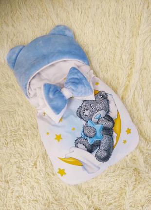 Конверт спальник для новонароджених, блакитний принт ведмедик на місяці