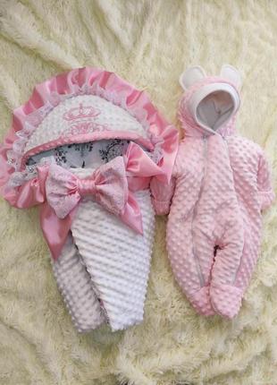 Комплект для новонароджених дівчаток конверт ковдра + комбінезон 56-62 розмір, білий з рожевим1 фото