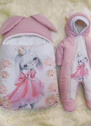 Зимовий комплект спальник + комбінезон для новонароджених дівчаток, рожевий принт зайка