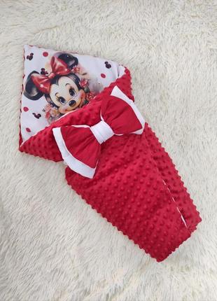Зимний плюшевый конверт для новорожденных девочек, красный с принтом минни