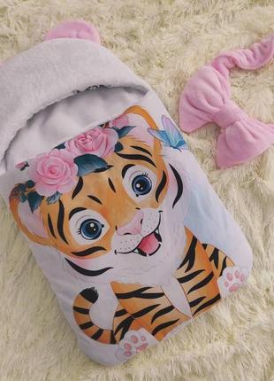 Конверт спальник для новорожденных девочек, белый с принтом тигрюля