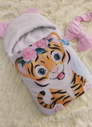 Конверт спальник для новонароджених дівчаток, білий з принтом тигрюля2 фото