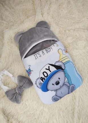 Конверт спальник для новорожденных мальчиков, принт медвежонок boy, серый с белым