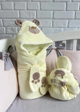 Зимний комплект панда конверт и комбинезон с шапочкой для новорожденных, лимонный2 фото