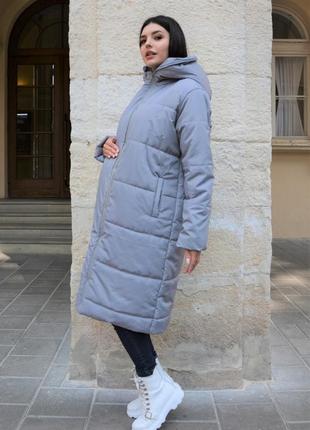 Тепле довге пальто зі вставкою для живота для вагітних, сіре2 фото