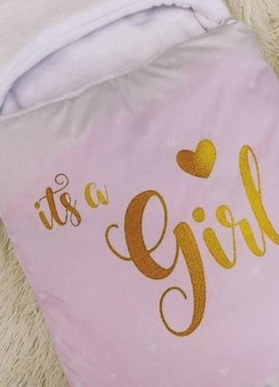 Конверт спальник для новонароджених принт "це дівчинка", білий з рожевим2 фото