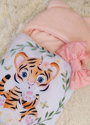Комплект спальник из плащевки + комбинезон из плюша для новорожденных, персиковый принт тигренок5 фото