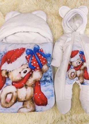 Теплий комплект одягу для новонароджених, принт ведмедик санта-клаус
