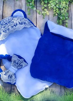 Нарядный спальник для малышей, велюр с кружевом голубой3 фото
