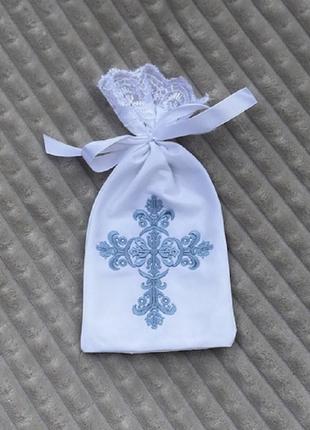 Крестильный мешочек с вышивкой, крестик белый с голубым