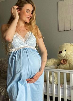Ночная сорочка на бретелях для беременных и кормящих, голубая2 фото