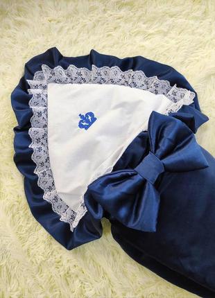Летний велюровый конверт одеяло для новорожденных, темно - синий2 фото