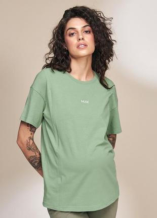Стильна трикотажна футболка для вагітних та годування muse зелена2 фото