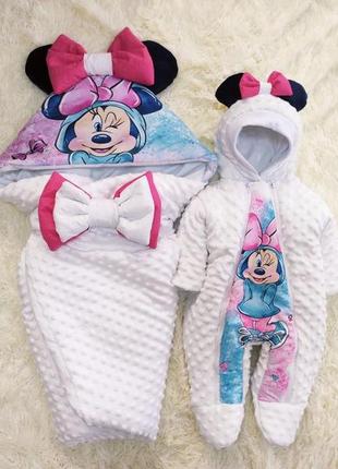 Плюшевый деми комплект одежды для новорожденных, принт минни, белый с розовым