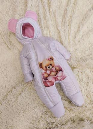 Комплект для новорожденной девочки, спальник тедди + комбинезон с принтом медвежонок с бантиком4 фото
