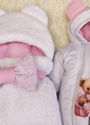 Комплект для новорожденной девочки, спальник тедди + комбинезон с принтом медвежонок с бантиком5 фото