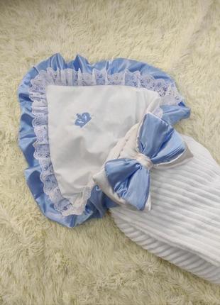 Летний плюшевый конверт для новорожденных, белый с голубым2 фото