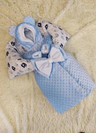 Зимний плюшевый комплект для новорожденных конверт одеяло + комбинезон, голубой