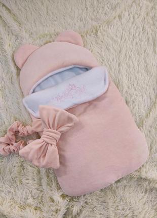 Демисезонный велюровый комплект для новорожденных спальник + комбинезон, персиковый3 фото