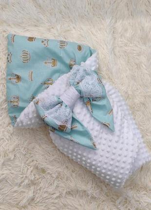 Зимовий плюшевий конверт - ковдра для новонароджених, білий з м'ятним