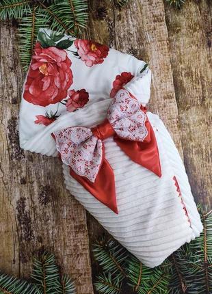 Демисезонный плюшевый конверт одеяло для новорожденных, белый с принтом розы