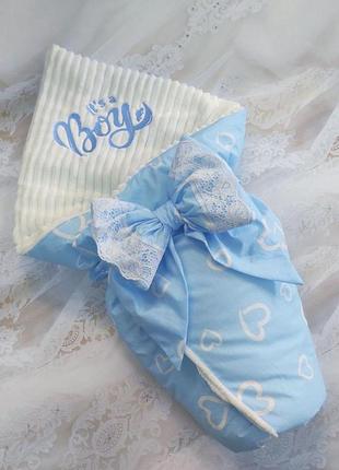 Демисезонный конверт одеяло с вышивкой, голубой с белым