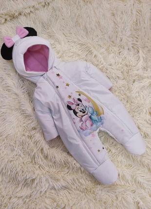 Зимовий комплект для новонароджених дівчаток 56-62 розмір, принт мінні, білий з рожевим2 фото