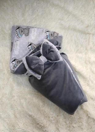 Зимний велюровый конверт одеяло для новорожденных, серый1 фото