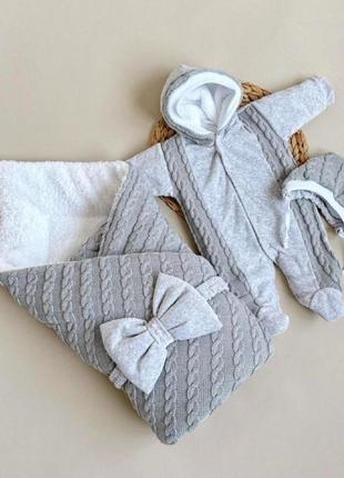 Теплый комплект одежды "змейка" для новорожденных на выписку, серый3 фото