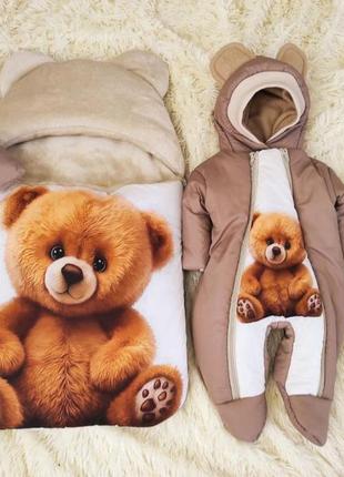 Зимний комплект для новорожденных детей спальник + комбинезон, принт рыжий медвежонок