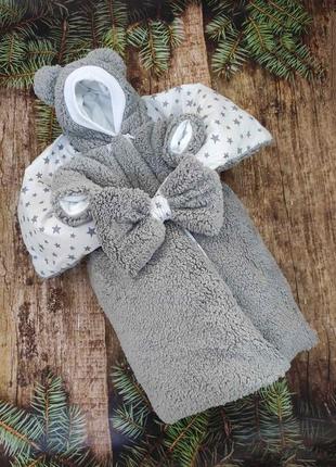 Зимний меховой комплект тедди для новорожденных конверт + комбинезон, серый