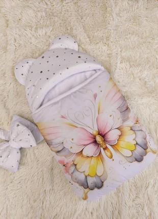 Конверт спальник для новонародженої дівчинки, білий з глітером принт метелик