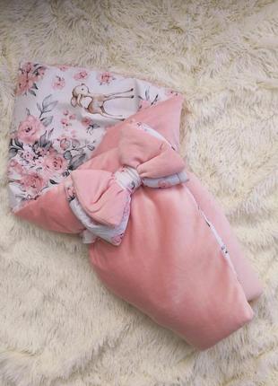Зимний велюровый конверт одеяло для новорожденных, персиковый1 фото