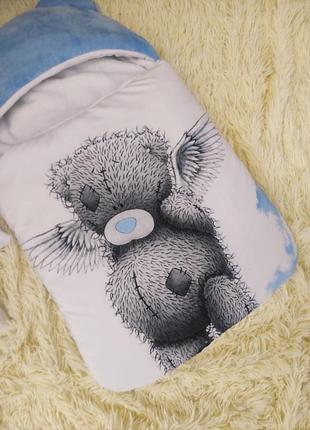 Конверт спальник для новонароджених, блакитний принт ведмедик янгол2 фото
