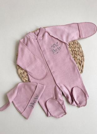 Комплект одежды mini boss для новорожденных девочек на выписку из роддома, цвет пудра3 фото