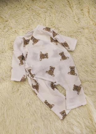 Летний муслиновый конверт + комбинезон с шапочкой для новорожденных, принт медвежата5 фото