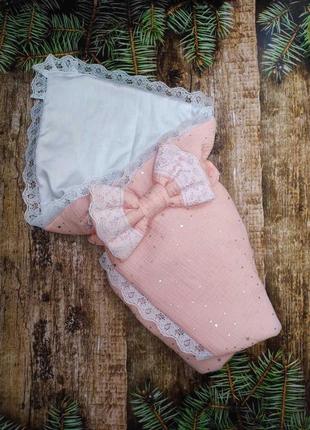 Летний конверт из муслина с кружевом для новорожденных девочек, персиковый