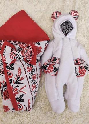 Комплект з принтом вишиванка для новонароджених дівчаток на виписку, білий з червоним