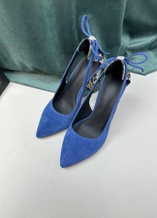 Сині замшеві туфлі човники з гострим носком2 фото