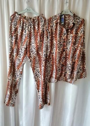 Шикарний костюм креп шифон принт лео леопард виміри блуза сорочка з подовженою спинкою з боків розрі1 фото