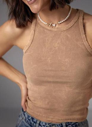 Женская стильная качественная бежевая винтажная майка вареная рубчик2 фото