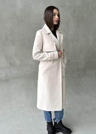 Женское демисезонное классическое приталенное молочное двубортное кашемировое пальто, весна-осень