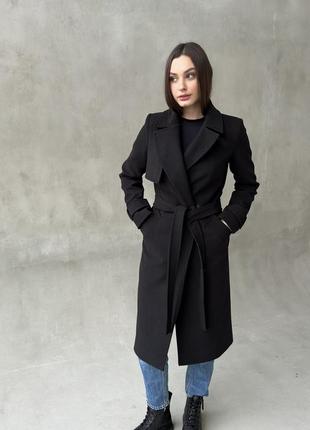 Демисезонное приталенное черное двубортное женское кашемировое пальто длинною 105 см с патами5 фото